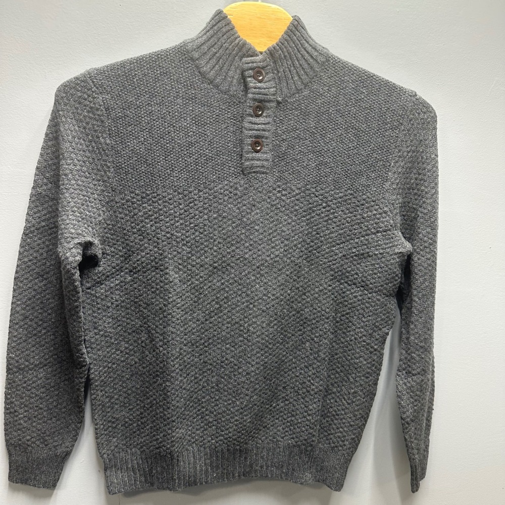 Lands End Mens Meridian Button Mock Neck Sweater Gray Wool Blend Large 424163